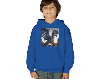 Blue Fantasy Dragon Hoodie | Mythical Dragon Illustration, Youth Pullover