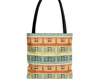 Retro Cassette Tape Tote Bag | Vintage 80s Music Pattern, All-Over Print