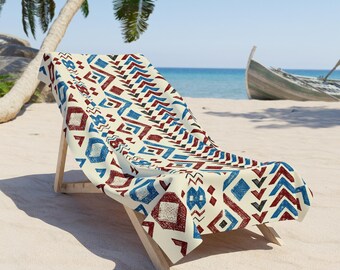 Ręcznik plażowy z wzorem plemiennym Azteków | Ręcznik plażowy w kolorze czerwono-niebieskim z geometrycznym wzorem plemiennym