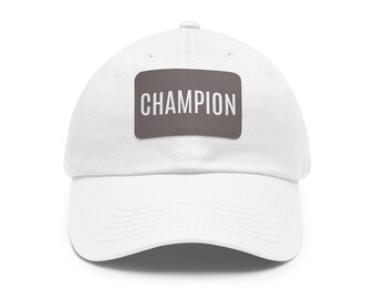 Champion Dad Hat: Leather Patch, Embroidered Logo, Chino Twill