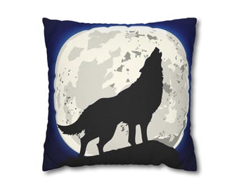 Howling Wolf Moon Kissenbezug | Quadratischer Kissenbezug, Nachthimmel Silhouette