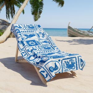 Blue Nautical Tile Pattern Beach Towel | Seahorse Sun Shells Palm