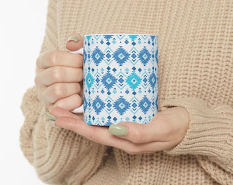 Blue Aztec Pattern Mug | Southwestern Tribal Ceramic Coffee Cup