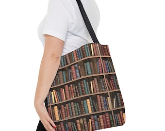 Vintage Bookshelf Tote Bag | Library Pattern Book Lover Tote