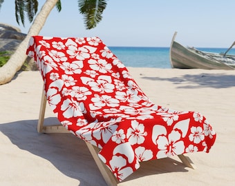 Red Hawaiian Hibiscus Pattern Beach Towel | Tropical Floral Print