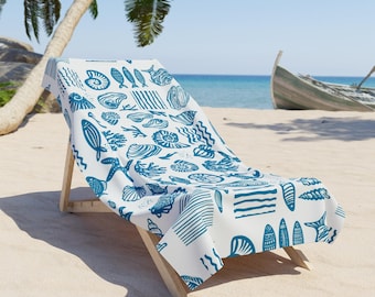 Nautical Shells Pattern Beach Towel | Blue Seashells Starfish Coral