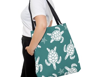 White Sea Turtle Pattern Tote Bag | Teal Ocean Print