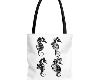 Bolso de mano con ilustración de caballito de mar negro / Estampado de animales marinos náuticos