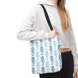 Aqua Teal Seahorse Pattern Tote Bag | Ocean Beach Nautical Print