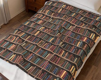 Vintage Library Books Velveteen Blanket | Bookshelf Pattern, Reading Decor