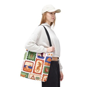 Tropical Stamps Tote Bag | Beach Palm Seahorse Pattern