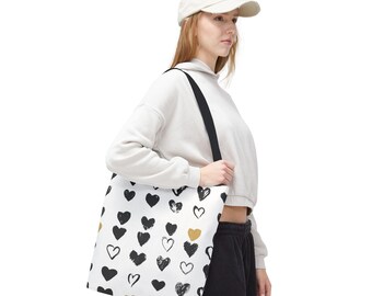 Bolso tote con estampado de corazones negros y dorados