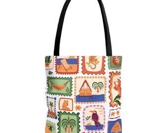 Bolso tote con estampado tropical / Ilustración de loro con palmera en la playa