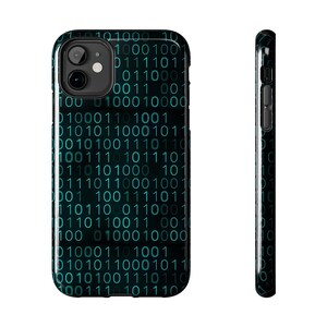 May include: Black phone case featuring a teal binary code design. The case has a glossy finish and a camera aperture. The side view shows the case's thickness and button positions. A tech-themed accessory.