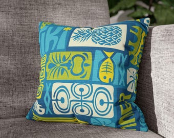 Tropical Tiki Pattern Pillowcase | Pineapple Fish Motif Square Pillowcase