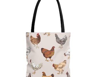 Bolso de mano con estampado de gallinas de granja en acuarela / Estampado integral de gallinas