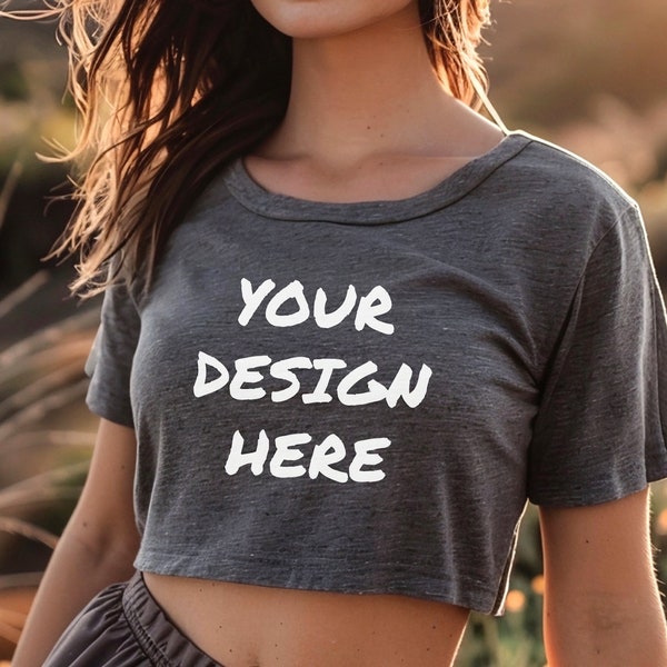 Dark Heather Gray Crop T-Shirt Mockup BELLA CANVAS Crop Top Mockup  Flowy Crop Top