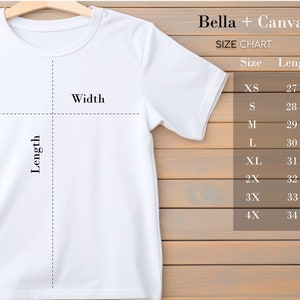 Tableau des tailles des t-shirts unisexes 3001 Mockup Bella Canvas Tableau des tailles Guide des tailles pour hommes et femmes Tableau des tailles des t-shirts à col rond