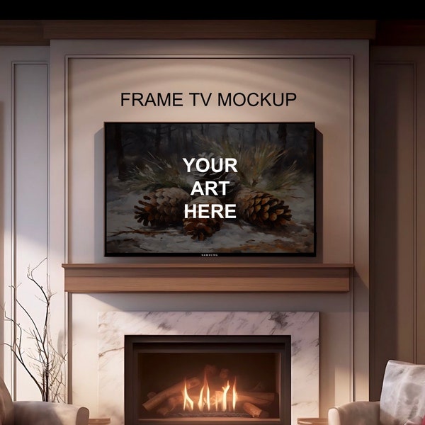 Samsung TV Frame Mockup, Frame Mockup in Interior, Fireplace Mockup, Mock, Poster Mockup, PSD, TV Frame Mockup