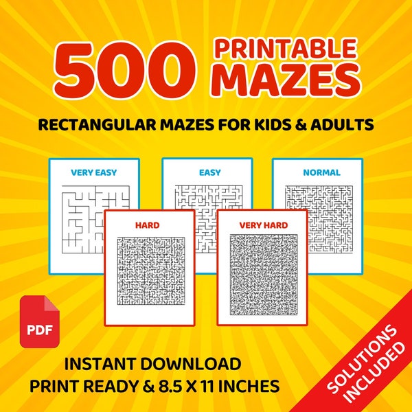 500 Printable Rectangular Mazes, For Kids & Adults, PDF Files, Maze Puzzle, With Solutions, 8.5 x 11 inches, Activities for Kids