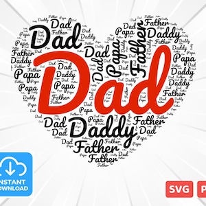 Father, Dad, Daddy, Papa Word Cloud Art - Heart Shape - Word Cloud Heart, Word Art, Love, Word Cloud svg and png - Digital Download for DIY