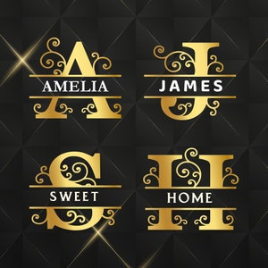 Paquete SVG/PNG/EPS de monograma dividido en oro de lujo, imágenes prediseñadas del alfabeto, nombre personalizable, archivos de silueta, 26 archivos individuales, archivos digitales