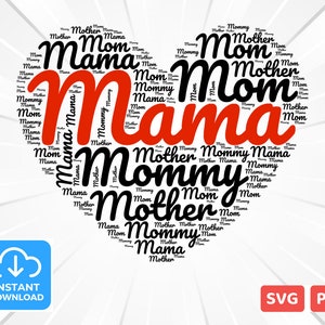 Mother, Mom, Mommy, Mama Word Cloud Art - Heart Shape - Word Cloud Heart, Word Art, Love, Word Cloud svg and png - Digital Download for DIY