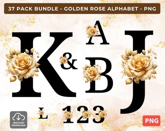 Alfabeto e numeri floreali Golden Rose, lettere acquerellate (download digitale PNG)