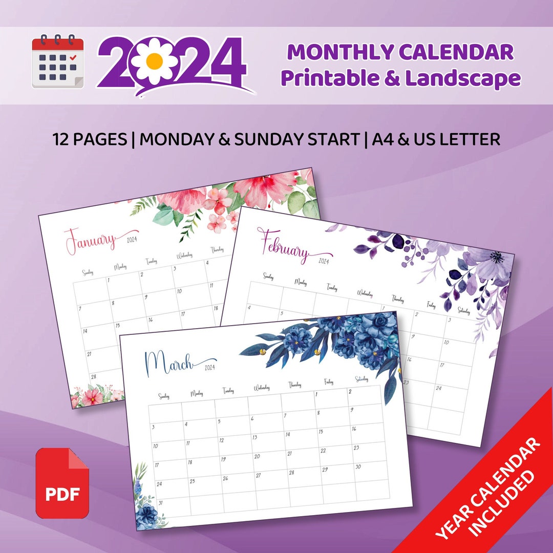 FLORAL MONTHLY CALENDAR in Pdf Format Monthly Planner and Letter ...