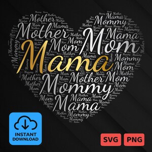 Mutter, Mama, Mama, Mama Wortwolkenkunst – Gold/Silber – Herzform – Wortwolkenherz, Wortkunst, Liebe, Wortwolkensvg und -Png