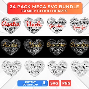 Family Love Mega SVG Bundle Vater Mutter Schwester Bruder Großfamilie Wortwolken mit Herz Designs im SVG-Format für kreative Projekte