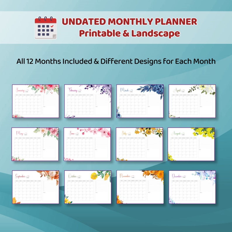 Floral Undated Monthly Planner – Printable Landscape Design (PDF) - Etsy