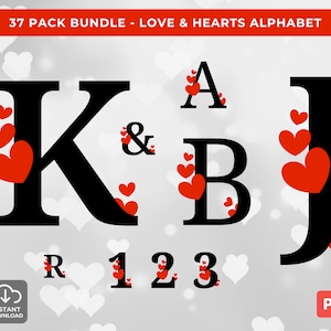 Herzliches Alphabet- und Zahlenpaket mit Liebesmonogrammen, romantischen Herzbuchstaben und einem hochzeitsfertigen PNG-Paket mit roten Herzschriftzügen