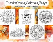 Thanksgiving Coloring Sheets - Charming Cute Thanksgiving Printable Coloring Book PDF for Adults and Kids: Pumpkins, Turkey, Flowers - 50pdf