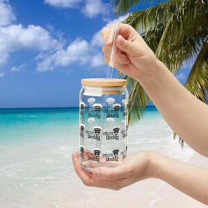 Bicchiere con sorseggiatore personalizzato, 16 once - Perfetto per i papà, atmosfera estiva da spiaggia, feste tropicali, regali per la festa del papà