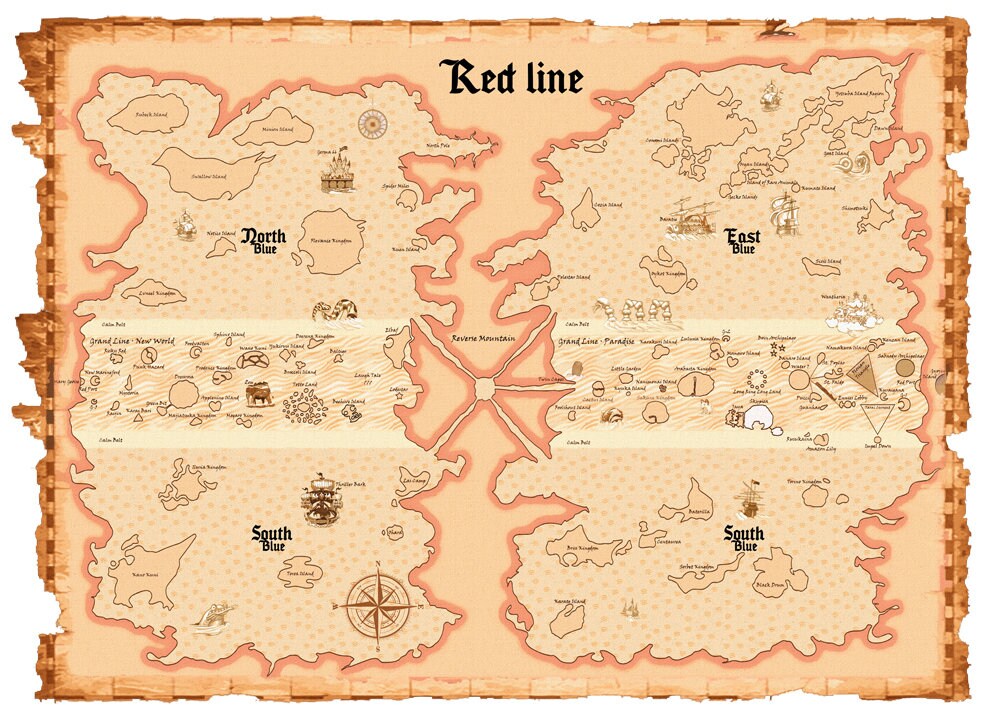 One Piece World Map on Handmade Scroll Grand Line Map Red 