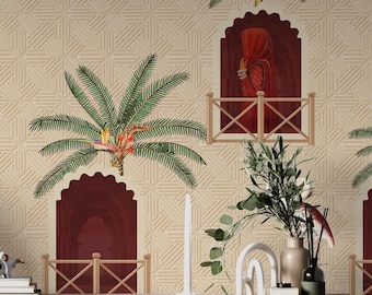 Rajasthani Cultural Heritage Wallpaper Mural | Indian Jharokha Wall Mural | Traditional Jharokha Arch Mural | Window Ethnic Art for Bedroom