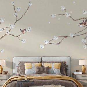 Cherry Blossom Bird Wallpaper Mural: Tranquil Floral Wall Decor