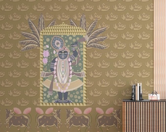 Pichwai Shrinathji Wallpaper Mural for Temple Room, Traditional Indian Folk Art Krishna Cow Wall Covering, Ethnic Spiritual Lotus Wall Decor