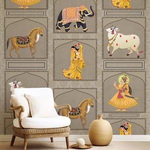 Royal Indian Elephant and Cow Wallpaper | Mughal Rajasthani Miniature Art Folk Motif | Textured Canvas Wall Covering | Hotel Lobby Entryway