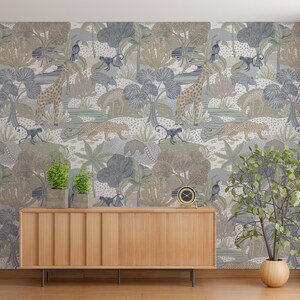 Neutral Jungle Safari Wallpaper | Giraffe Leopard Monkey Scene | Custom Canvas Textured Mural for Nursery