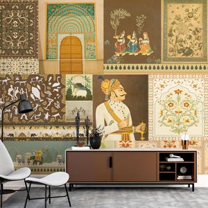Historic Indian Collage Wallpaper | Mughal Miniature Custom Wall Mural | Traditional Rajasthani and Jaipur Heritage Wall Art for Home Decor