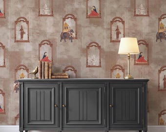 Vintage Indian Wall Mural | Mughal Jharokha Wallpaper with Elephant and Rajasthani Woman | Terracotta Blush Decor for Living Room