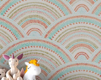 Muted Terracotta Boho Arch Wallpaper | Retro Turquoise Geometric Scandi Pattern | Luxury Textured Canvas Wall Covering | Nursery Playroom