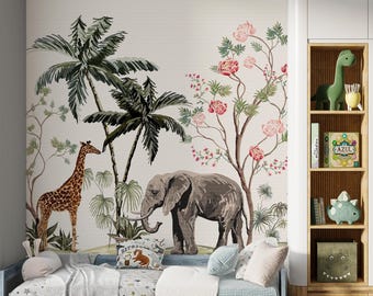 Jungle Safari Animal Floral Wallpaper Mural | Vintage Chinoiserie Elephant Art | Luxury Textured Canvas Wallcovering | Kids Nursery Playroom