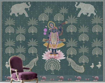 Shrinathji Pichwai Peacock Wallpaper Mural – Krishna Lotus Indian Temple Wall Art, Hindu God Canvas Wall Covering for Mandir and Pooja Room