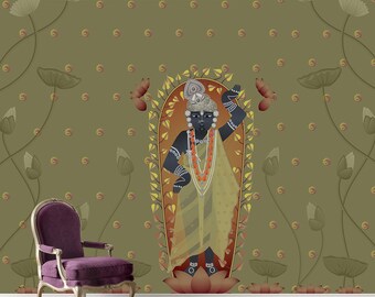 Shrinathji Pichwai Krishna Art Wallpaper Mural - Divine Lotus Floral Temple Wall Covering for Indian Puja Room, Spiritual Mandir Accent Wall