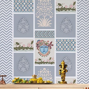 Srinath Ji Wallpaper - Krishna Pichwai Art Mural for Temple Room, Spiritual Blue Grey Hindu Wall Decor, Ethnic Indian Religious Wall Art