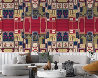 Indian Mughal Jharokha Wallpaper Mural for Feature Wall | Traditional Indian Heritage Wall Mural | Vintage Collage Artwork Wall Covering