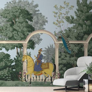 Traditional Mughal Garden Wallpaper Mural for Living Room, Vintage Rajasthani Culture Wallcovering, Royal Indian Heritage Art For Wall Decor